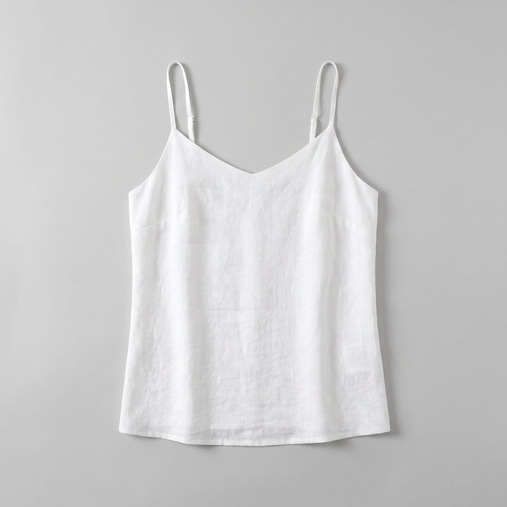 Jess V-neck linen camisole top in white, product flat-lay