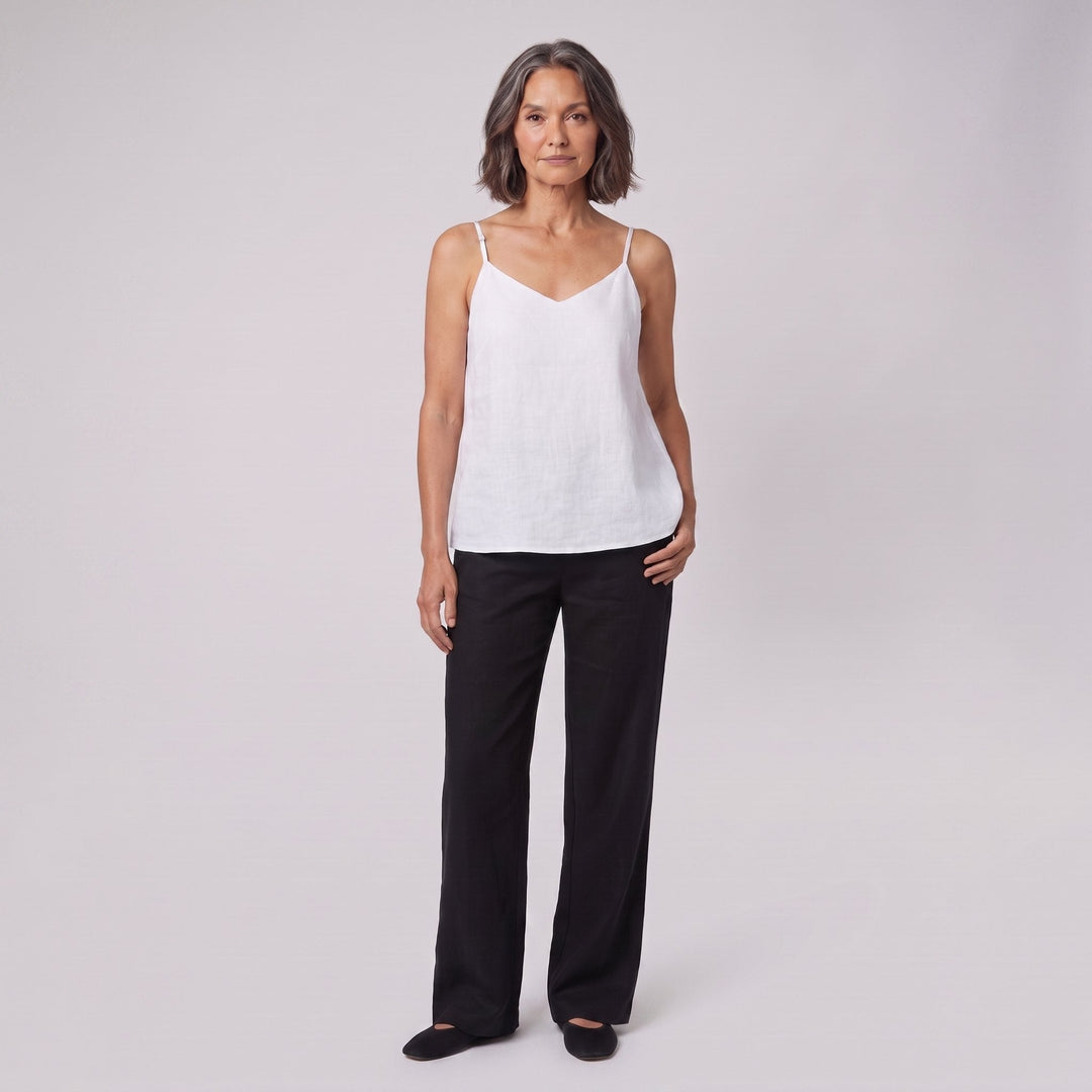 Jess V-neck linen camisole top in white, front view on model