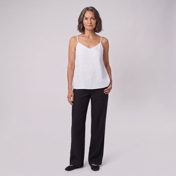 Jess V-neck linen camisole top in white, front view on model
