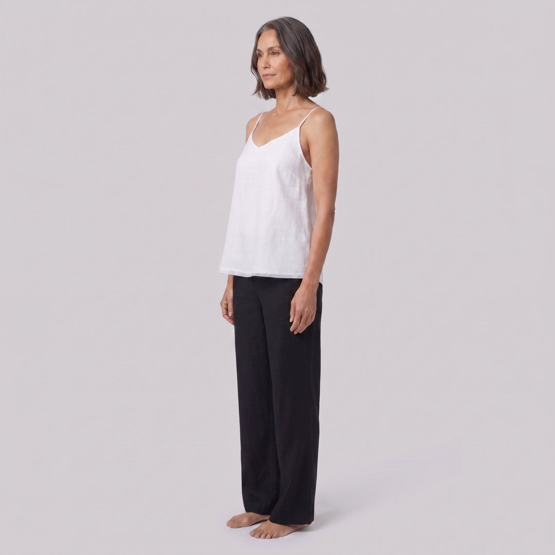 Jess V-neck linen camisole top in white, side view on model