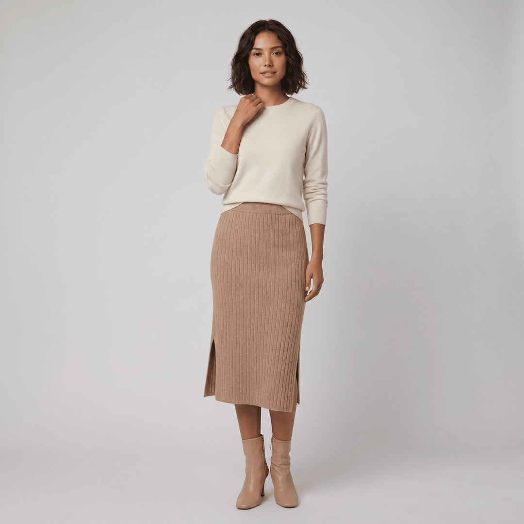 Juliette beige merino knit pencil skirt on model