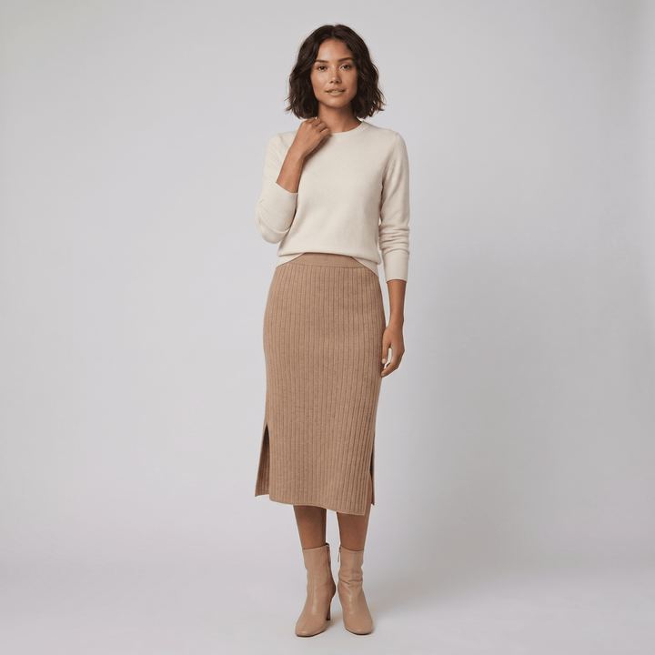 Juliette beige merino knit pencil skirt on model