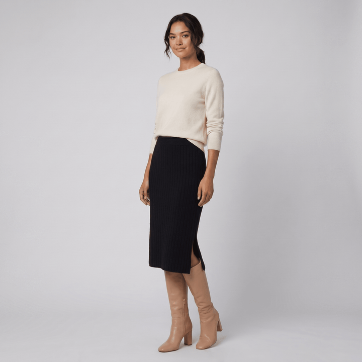 Juliette black merino knit pencil skirt on model