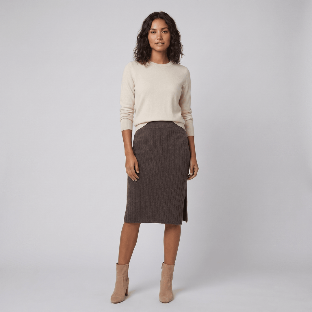 Juliette brown merino knit pencil skirt on model