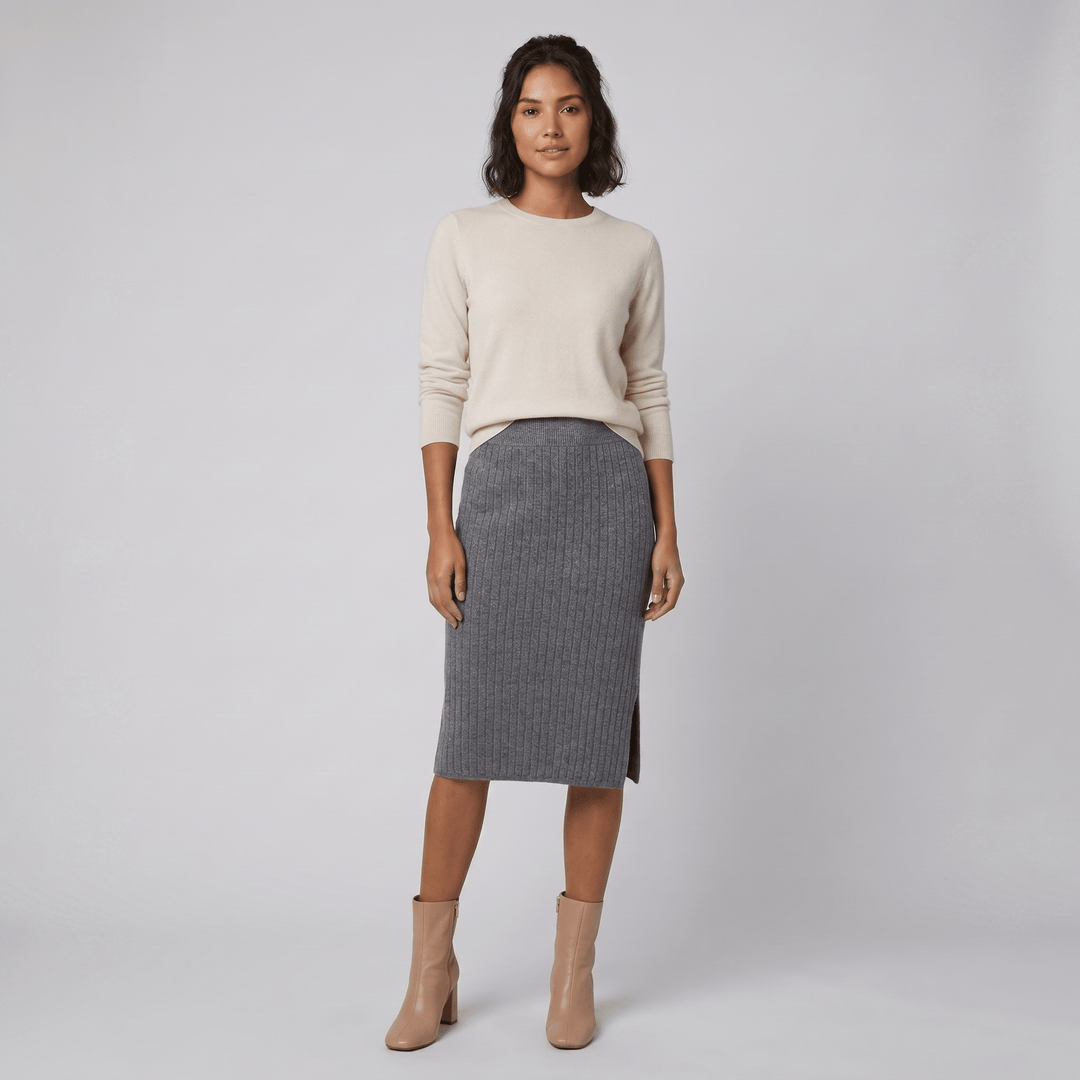 Juliette gray merino knit pencil skirt on model