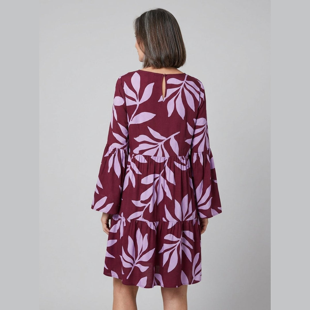 Kora burgundy lavender leaf mini dress back keyhole