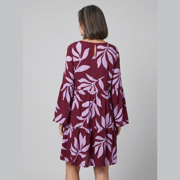 Kora burgundy lavender leaf mini dress back keyhole
