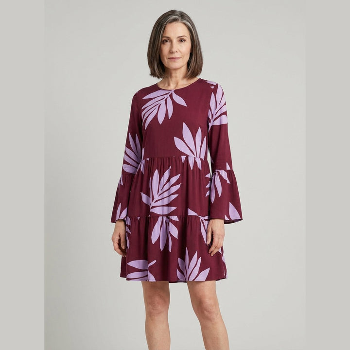 Kora burgundy lavender leaf print bell sleeve mini dress front