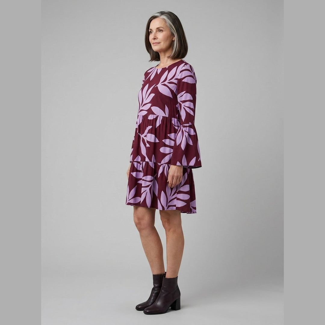 Kora burgundy lavender leaf mini dress side