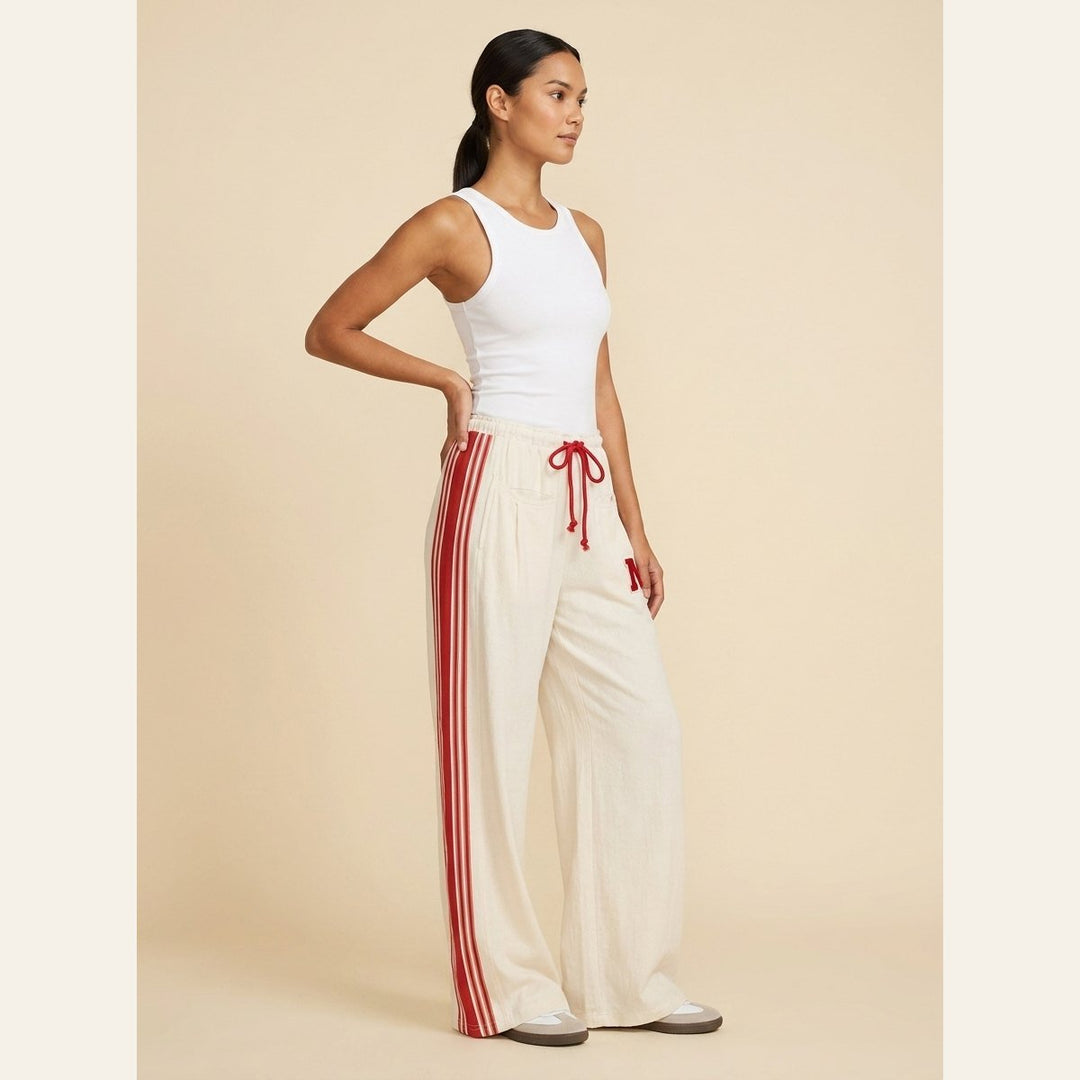 Kyla high-waist track joggers in beige with red stripe