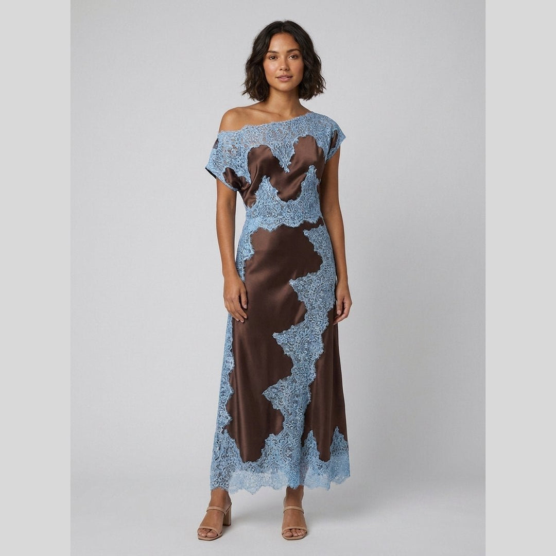 Lace coffee satin off-shoulder maxi dress with blue lace front
