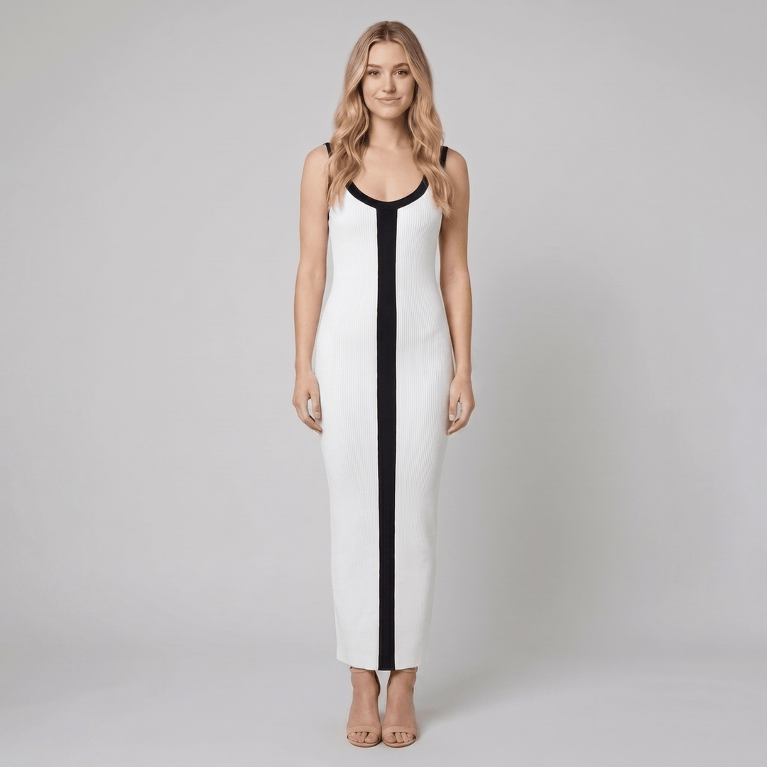 Lacy white and black colour block ribbed maxi dress