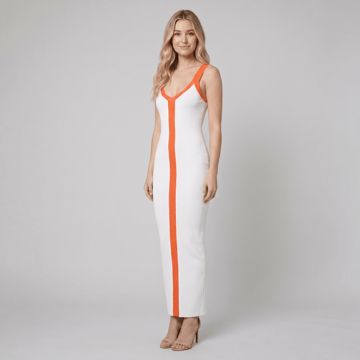 Lacy white and orange colour block ribbed maxi dress