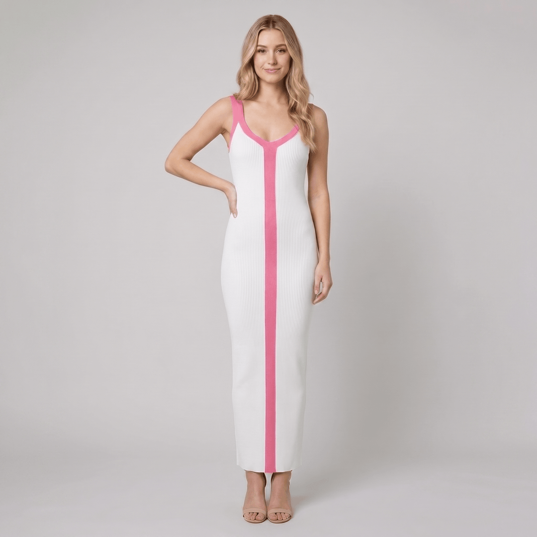 Lacy white and pink colour block ribbed maxi dress