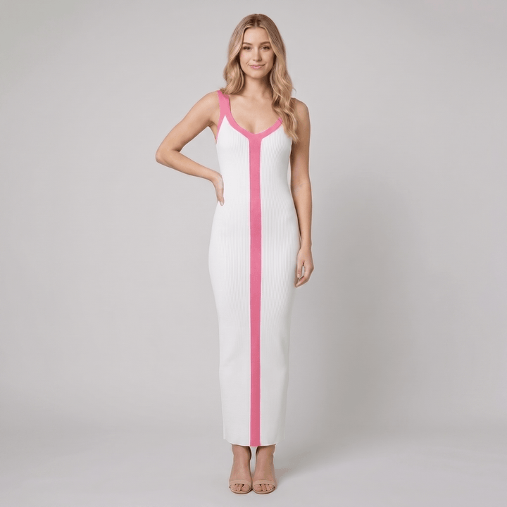 Lacy white and pink colour block ribbed maxi dress