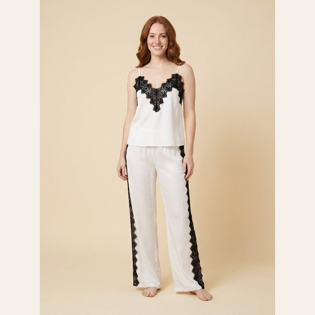 Lana white lyocell cami and wide-leg trousers loungewear set with lace trim front