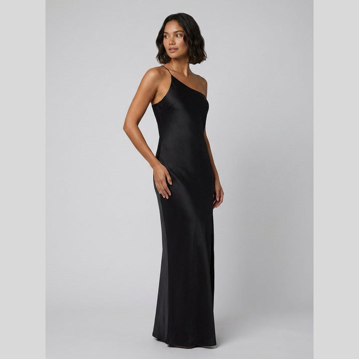 Lavinia open back satin maxi dress black on model