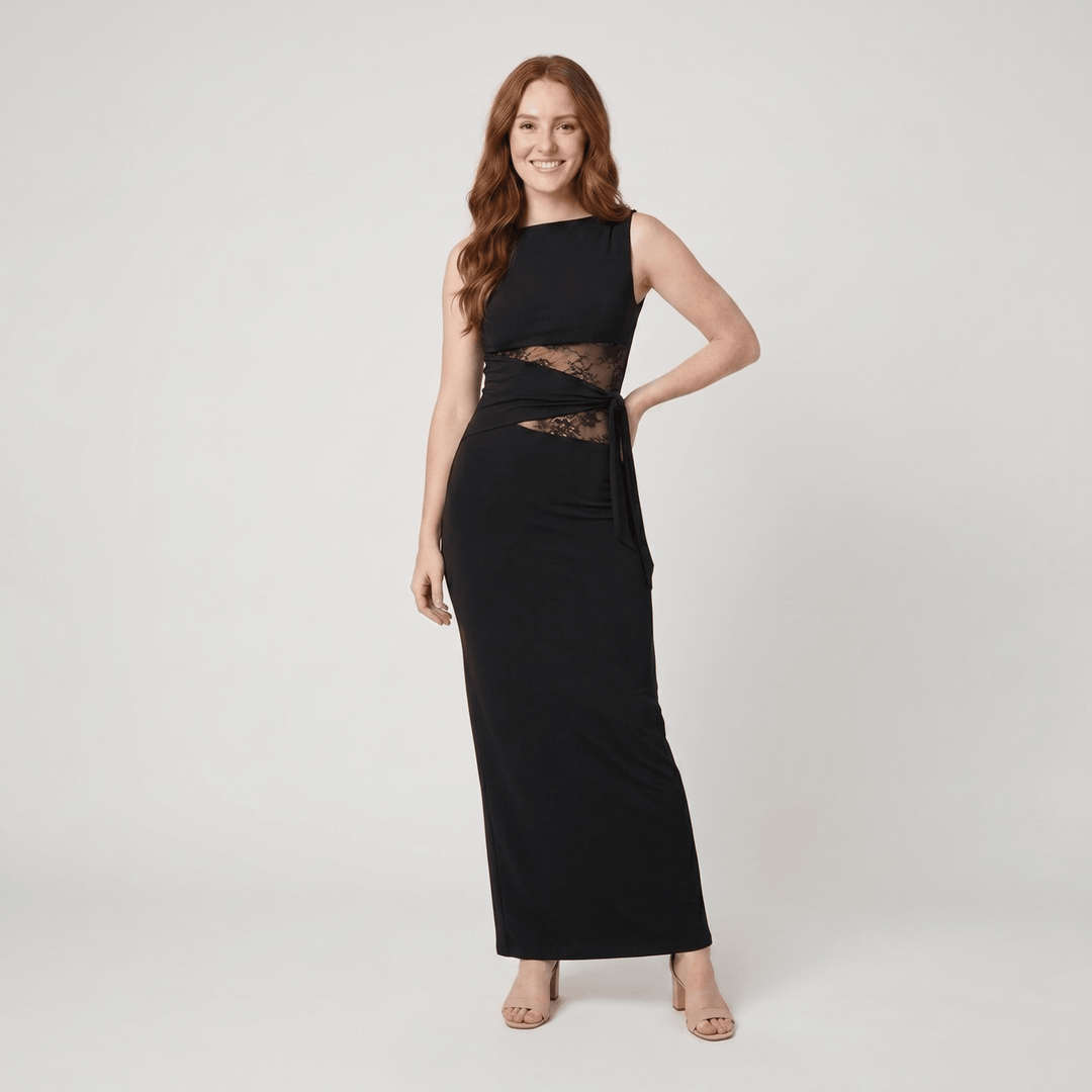 Leni black fitted maxi dress with lace cut-out