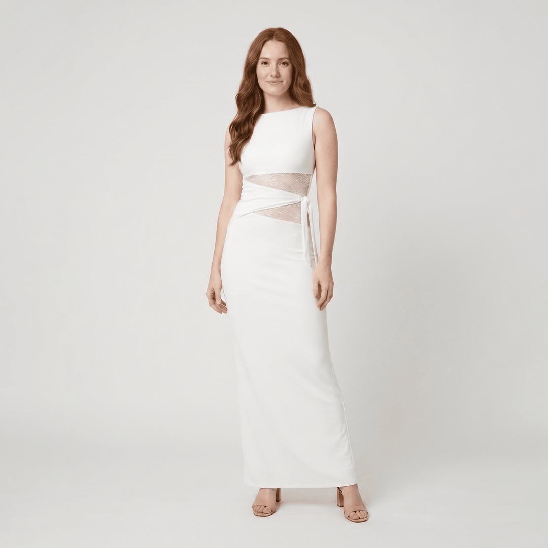 Leni white fitted maxi dress with lace cut-out