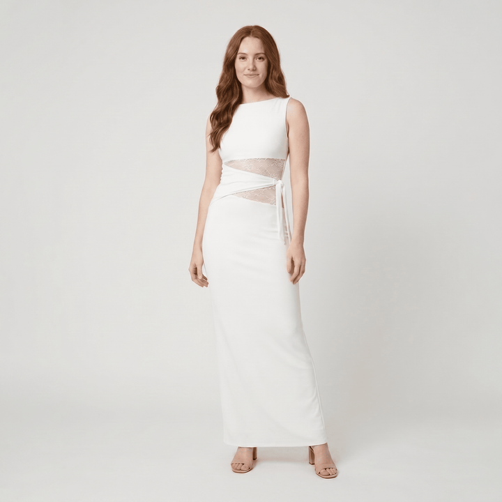Leni white fitted maxi dress with lace cut-out