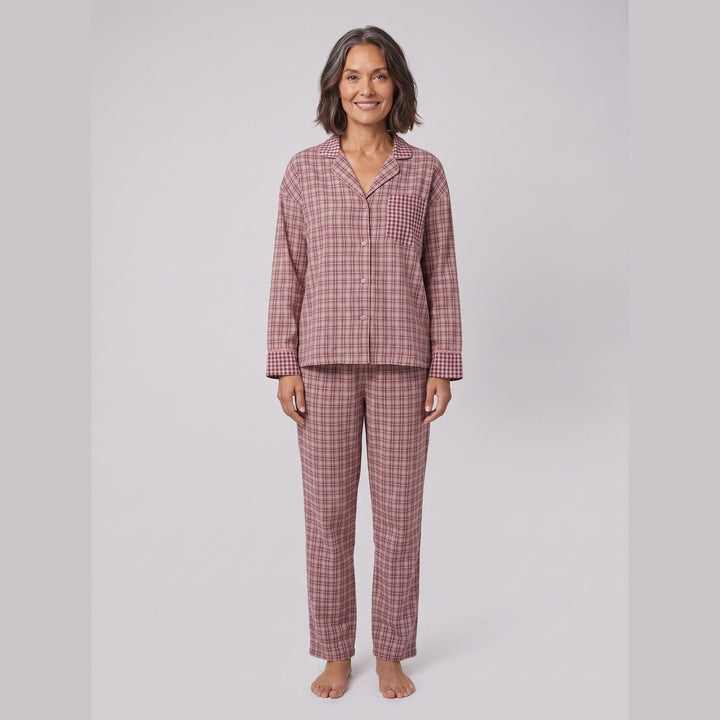 Pink plaid pyjama set on model, front view