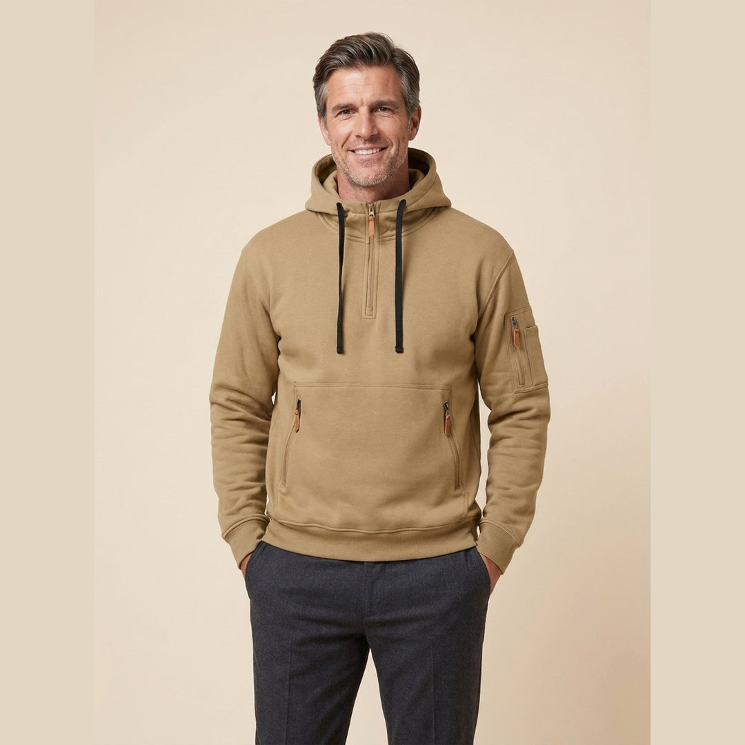 Leon cozy half-zip hoodie in beige tan on model