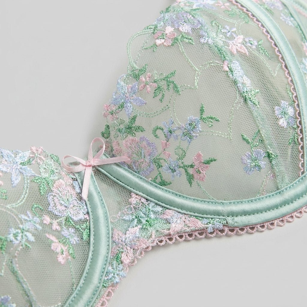 Close-up of the heart-themed floral embroidery on satin