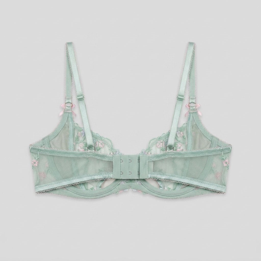Mint satin balcony bra, back view with padded hook and eye fastening
