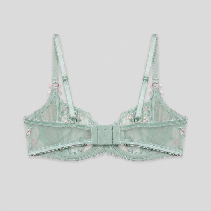 Mint satin balcony bra, back view with padded hook and eye fastening
