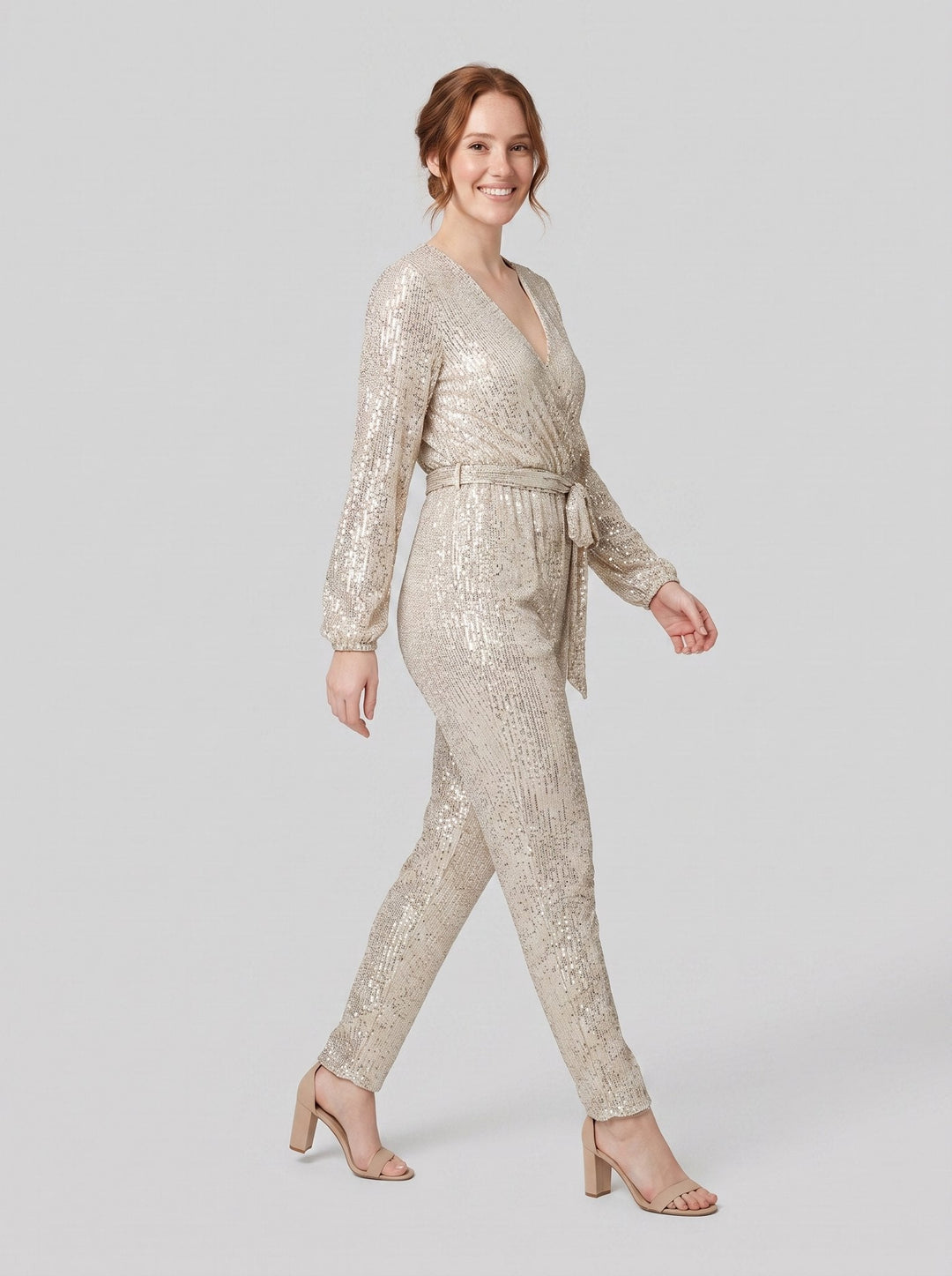 Lilian sequin jumpsuit light gold - side on model