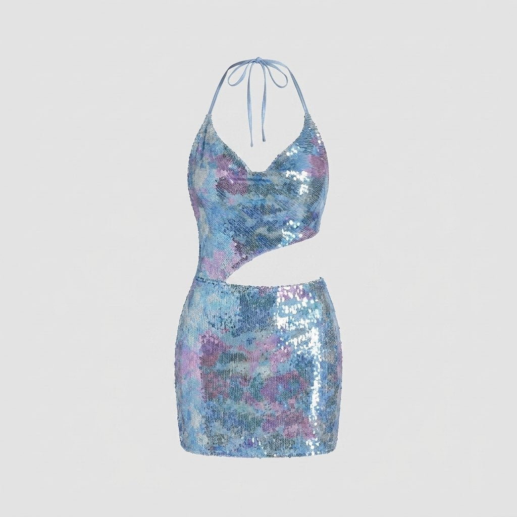 Blue sequin mesh cocktail dress laid flat, full garment