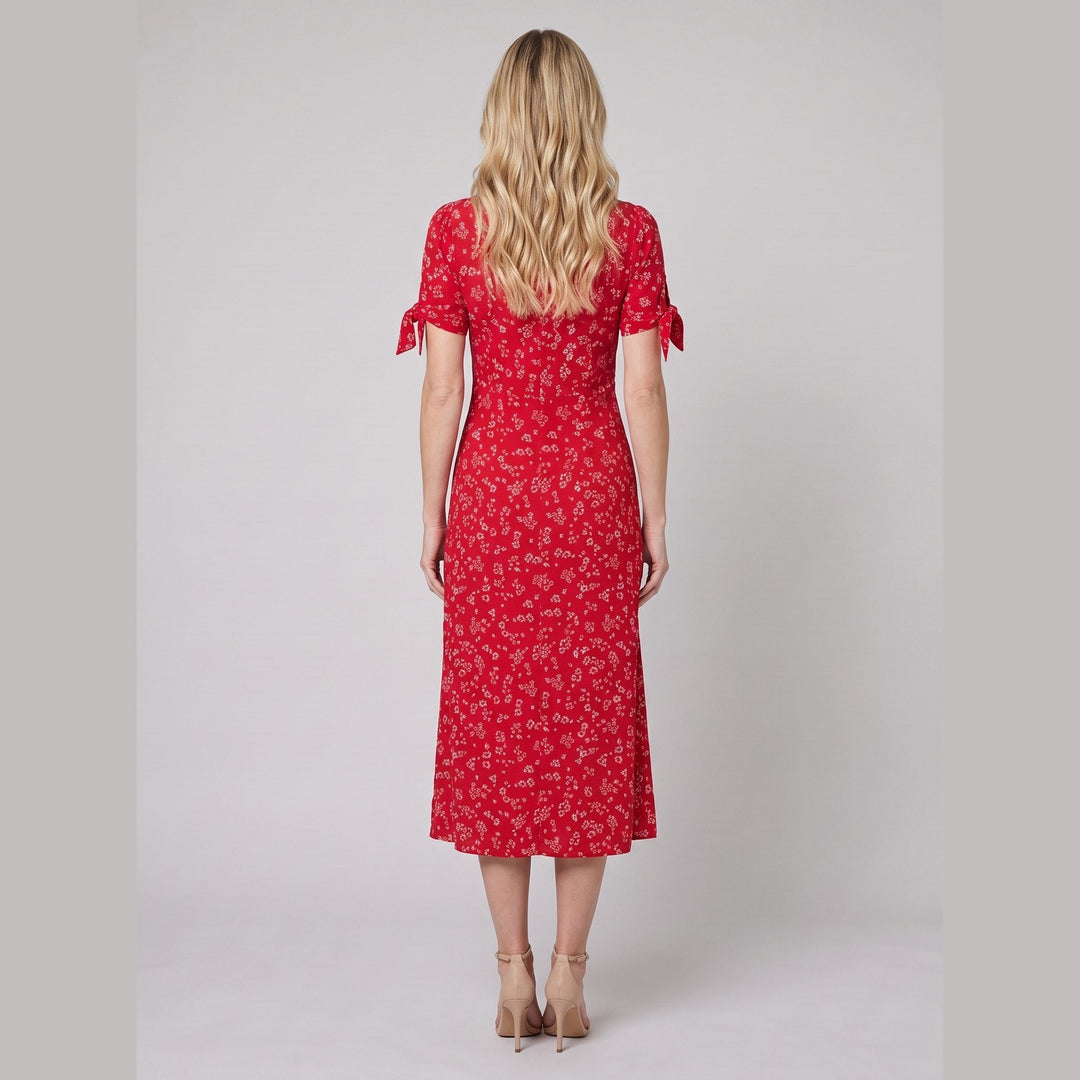 Liora red floral midi dress back view