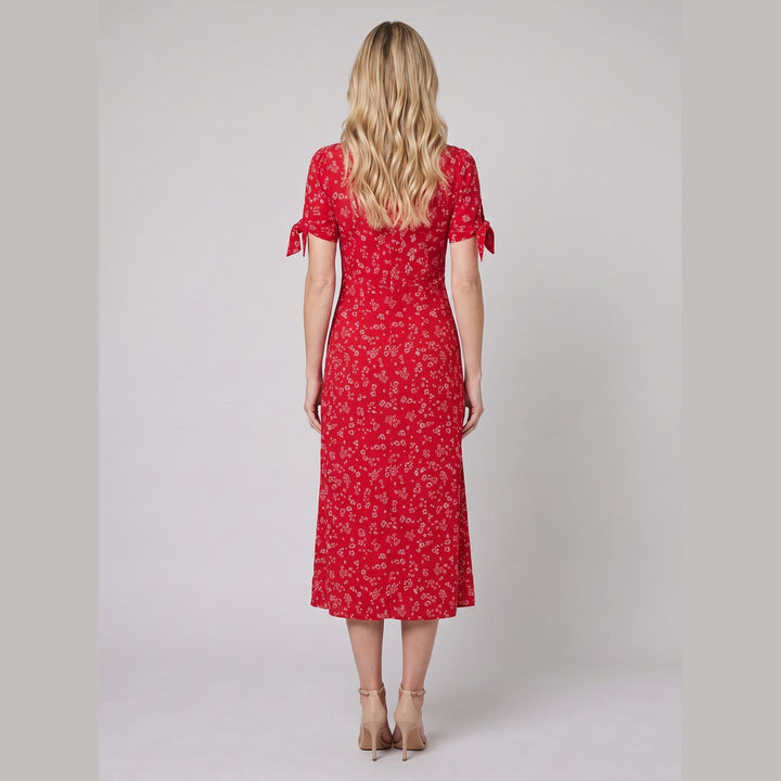 Liora red floral midi dress back view