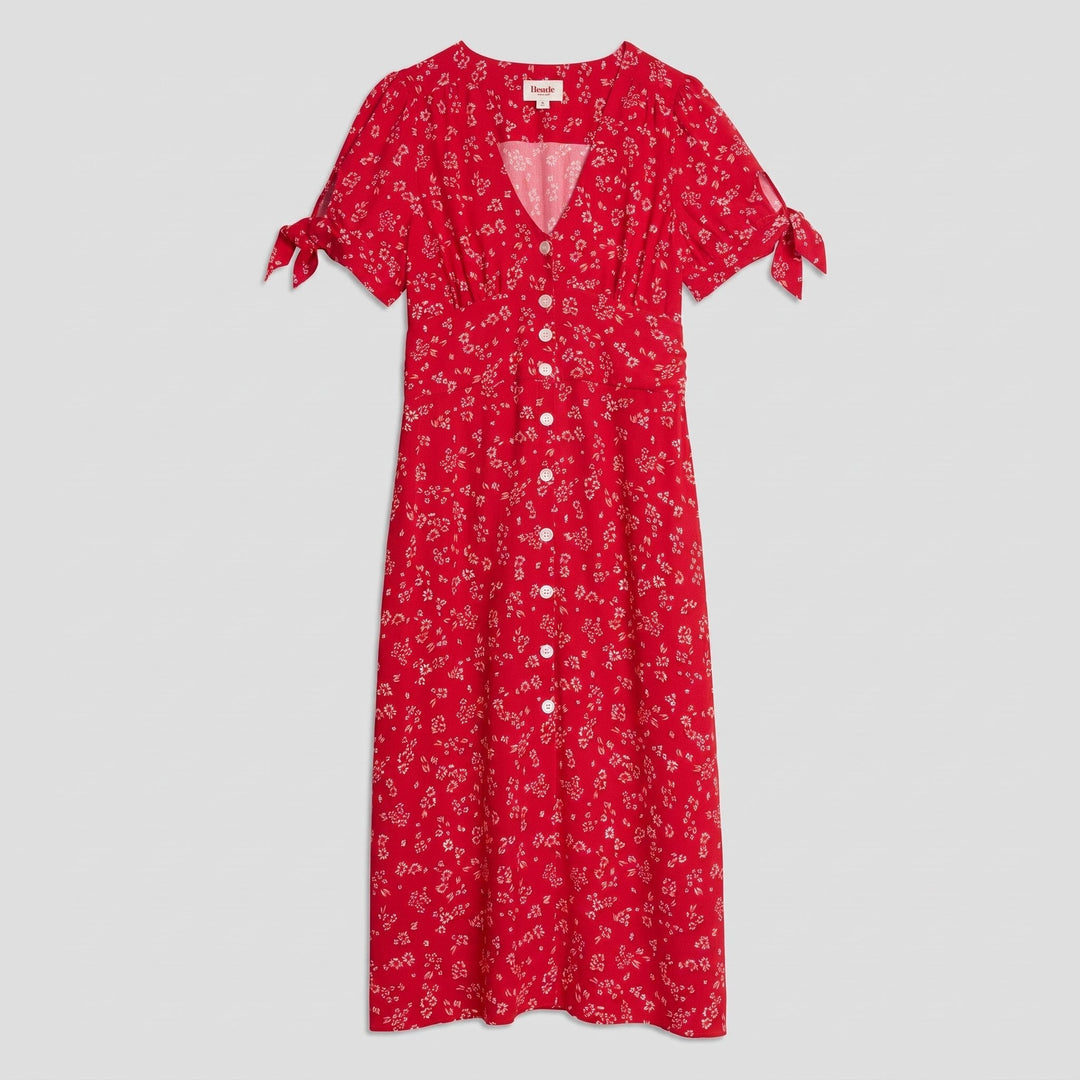 Liora red floral midi dress flat lay