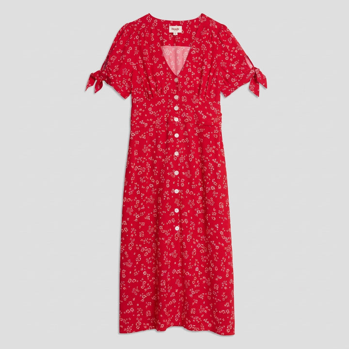 Liora red floral midi dress flat lay