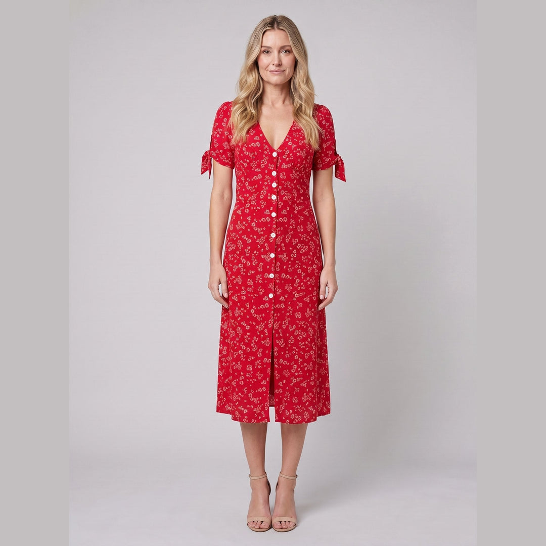 Liora red ditsy floral V-neck button-front midi dress front
