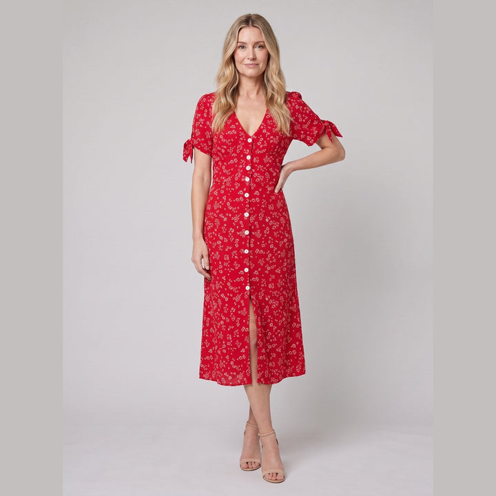 Liora red floral midi dress front pose two