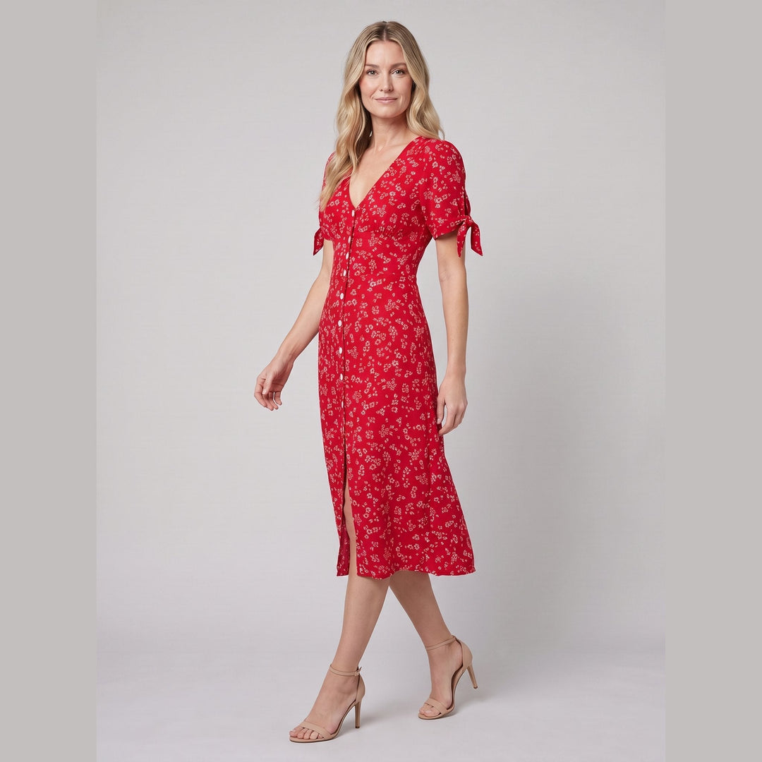 Liora red floral midi dress side view