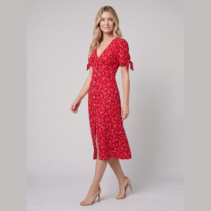 Liora red floral midi dress side view