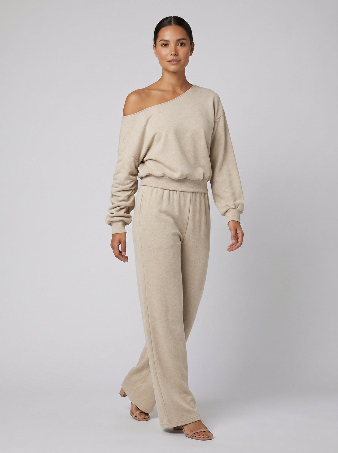 Lona asymmetric top and pants set beige - front on model