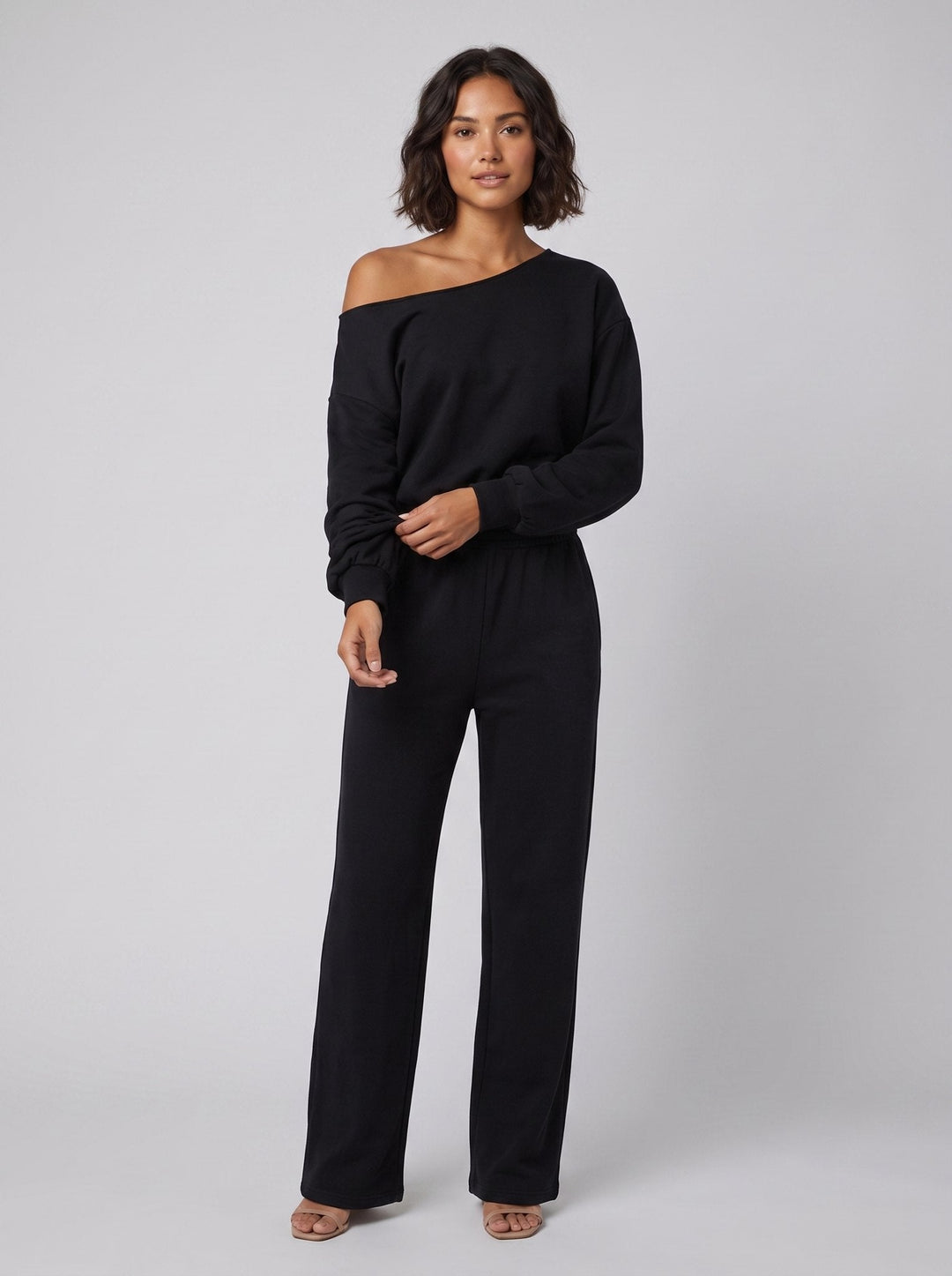 Lona asymmetric top and pants set black - front on model