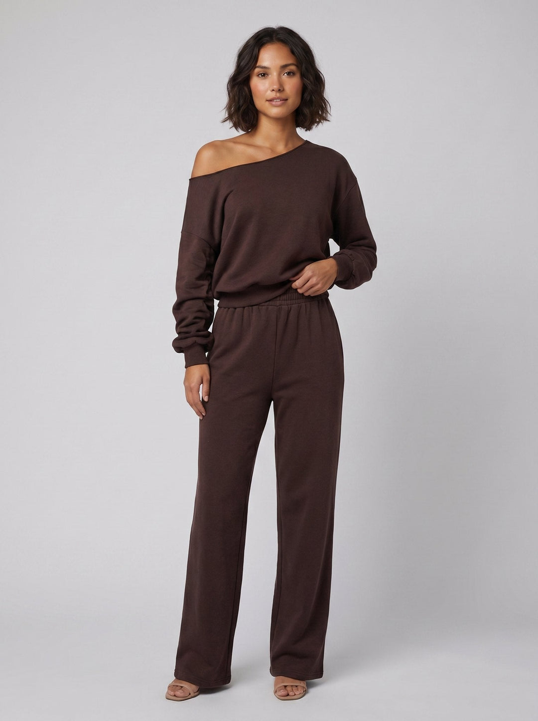 Lona asymmetric top and pants set brown - front on model