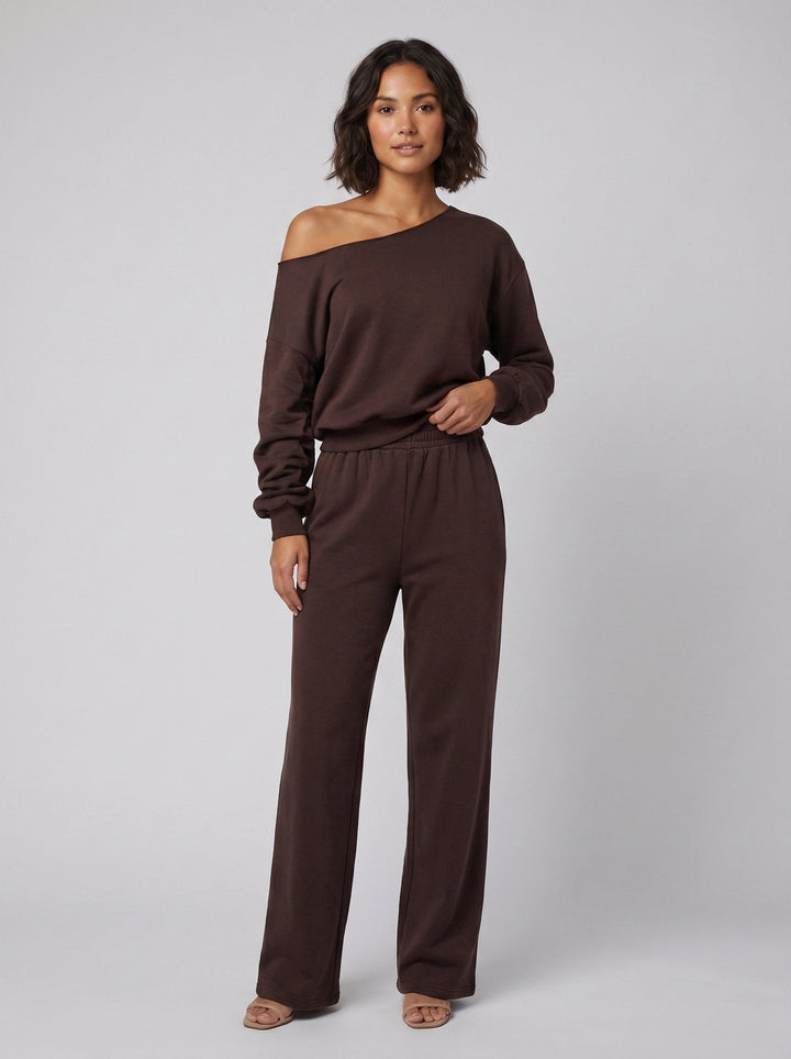 Lona asymmetric top and pants set brown - front on model