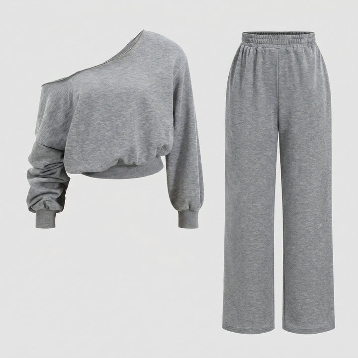 Lona asymmetric top and pants set gray - product flat lay