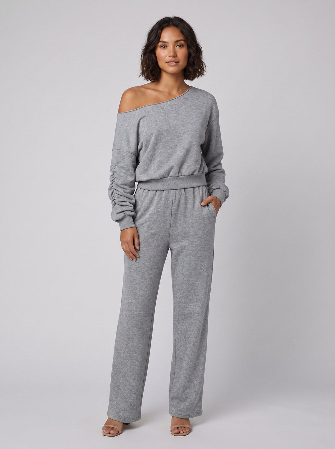 Lona asymmetric top and pants set gray - front on model