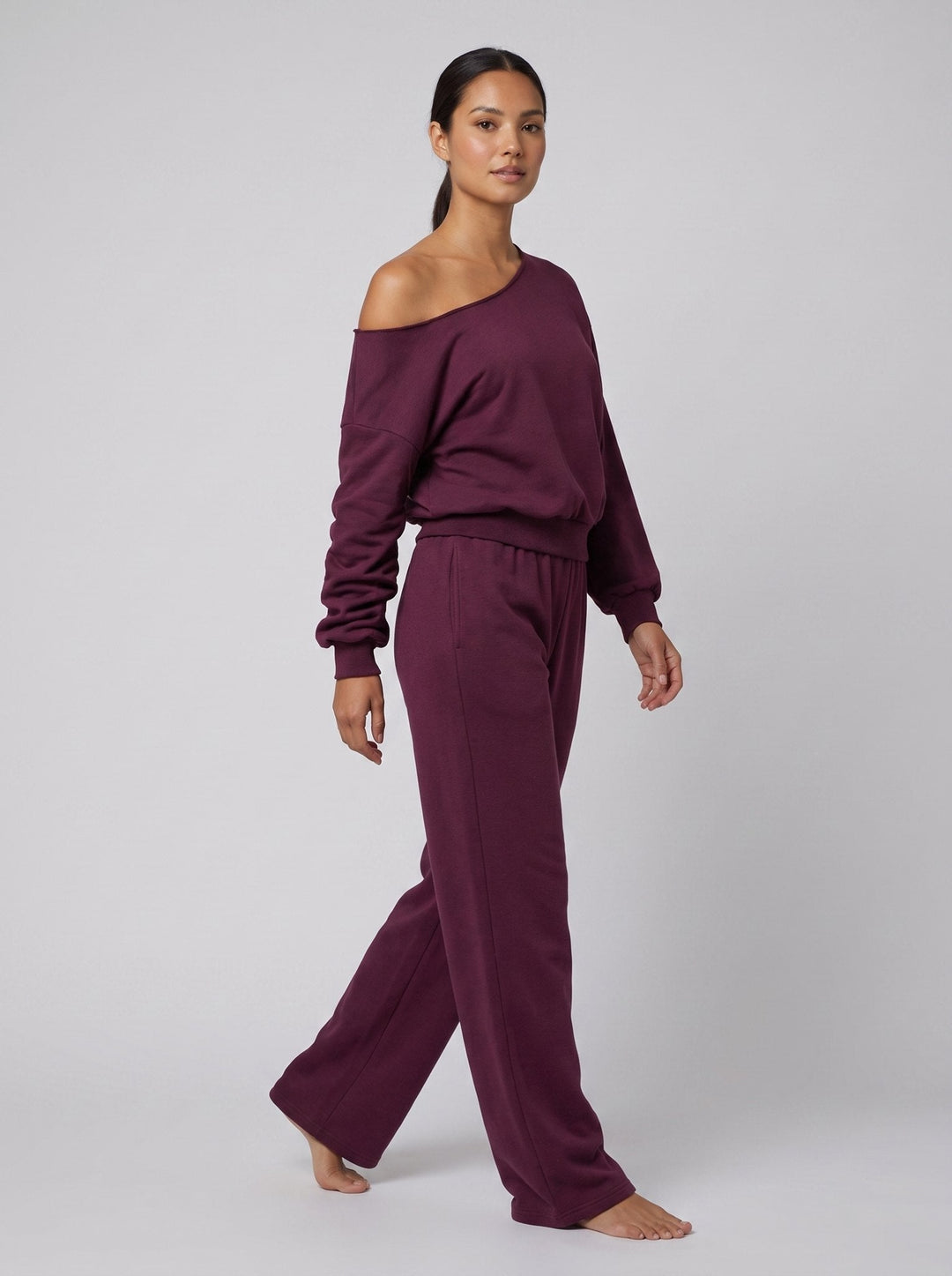 Lona asymmetric top and pants set burgundy red - side on model