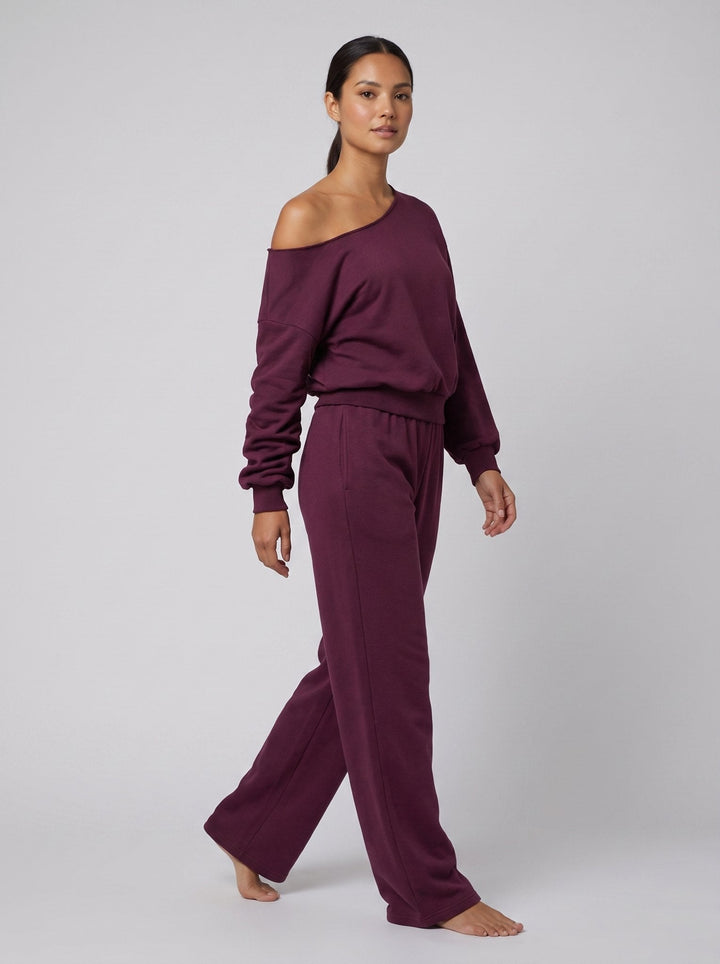 Lona asymmetric top and pants set burgundy red - side on model