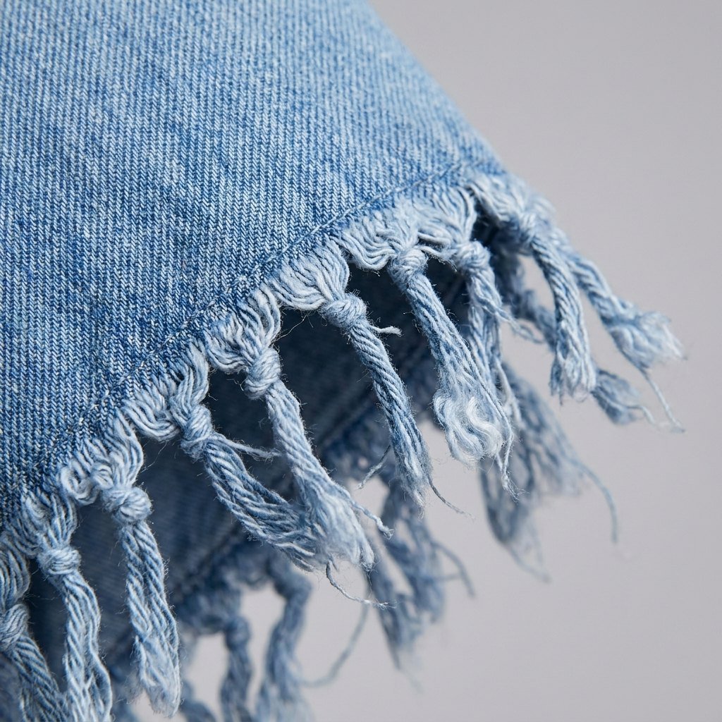 Lorene denim dress, fabric and tassel fringe detail