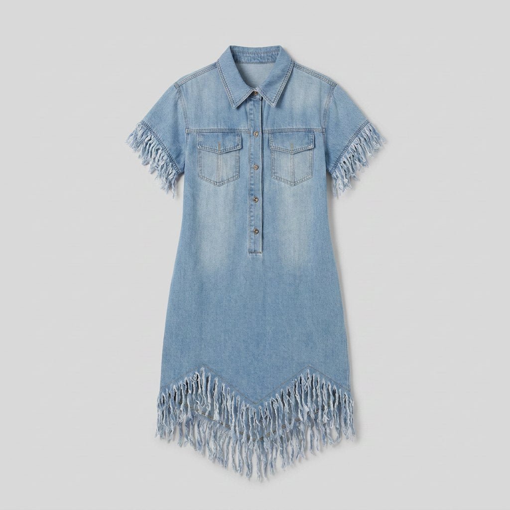 Lorene button-down denim mini dress in light blue, flat lay