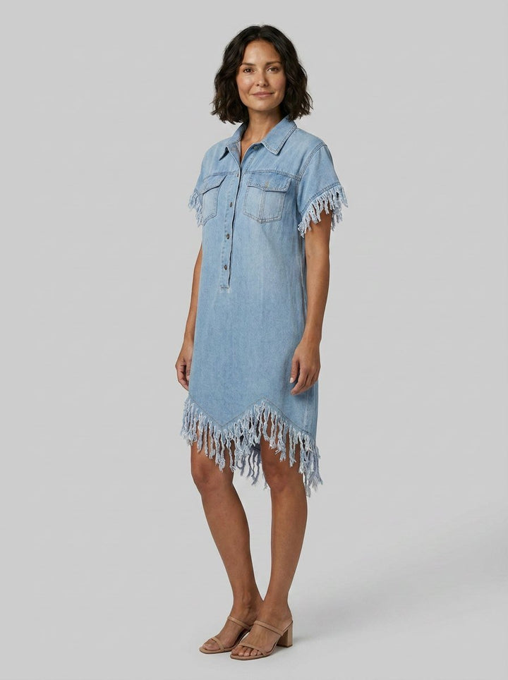Lorene button-down denim mini dress in light blue, side view on model